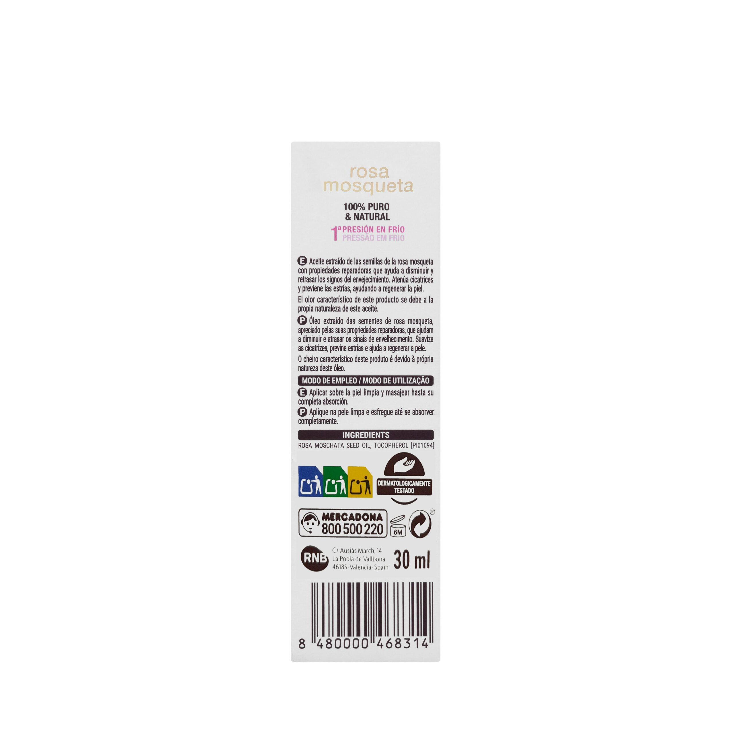 Etiqueta Aceite corporal rosa mosqueta Deliplus 100% puro y natural